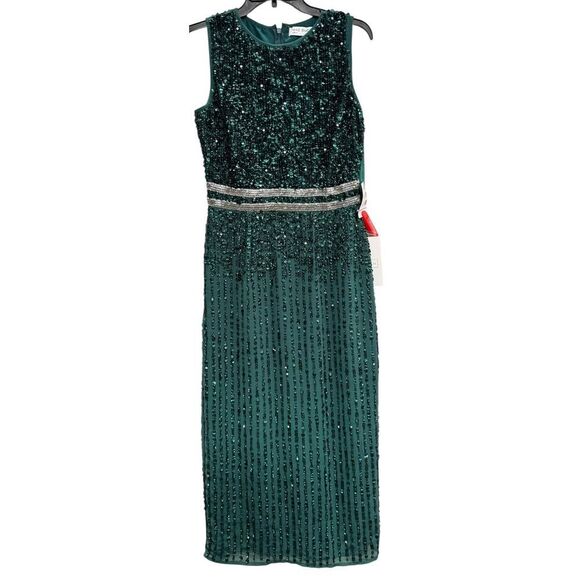 Mac Duggal Green Sleeveless High Neck Beaded Midi Sheath Dress Size 4 - NWT - Picture 4 of 6